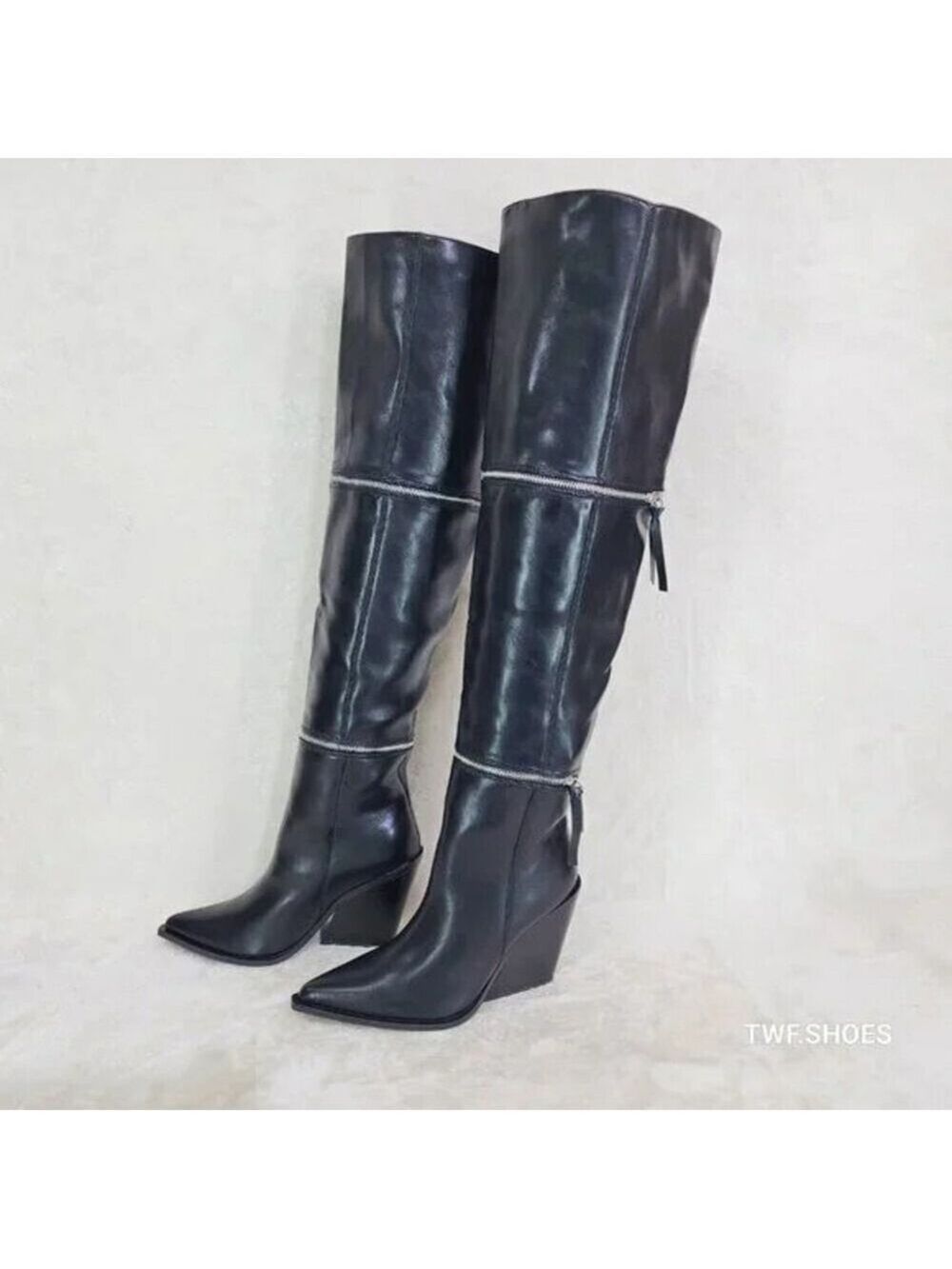 NIB Alexa Western Wedge All in One Zipper Shaft Ankle Knee & Thigh Boots Black - Picture 14 of 15